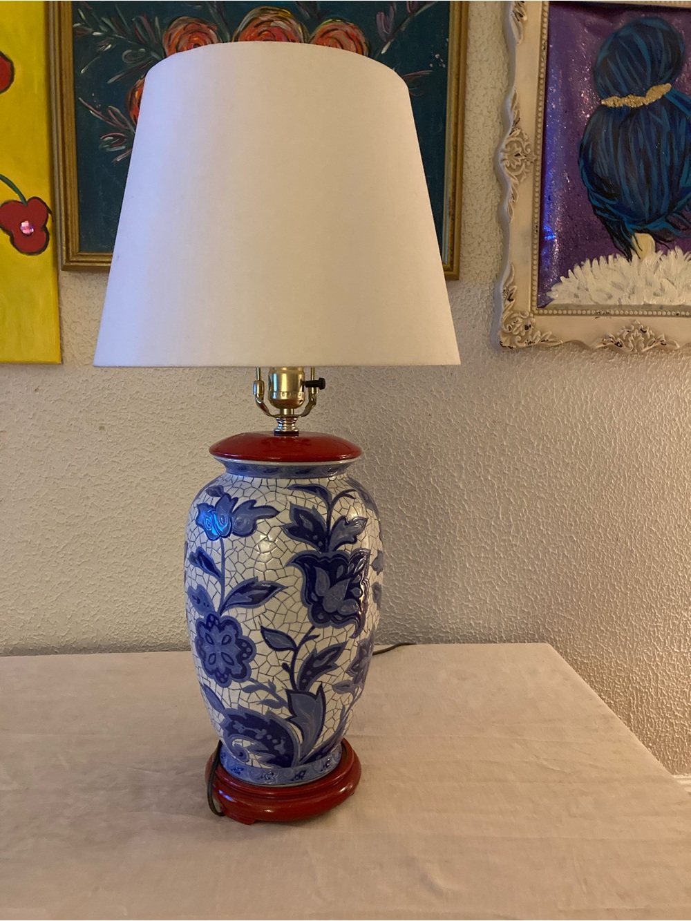 Vintage Blue and White Floral Ceramic Lamp with Red Accents